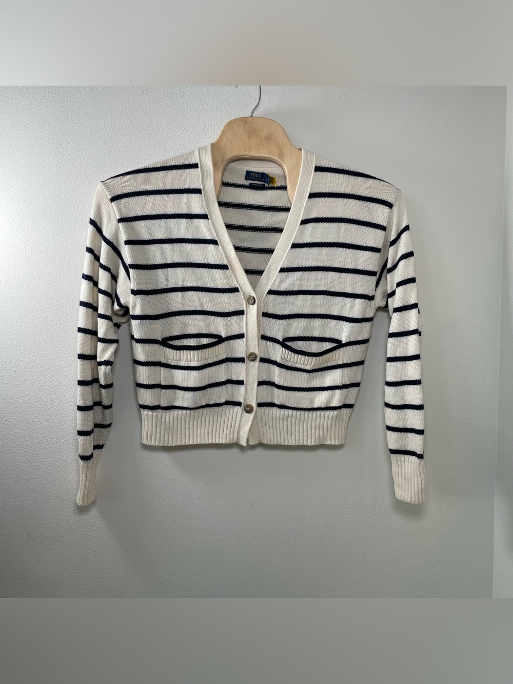 Polo Ralph Lauren Women Merino Wool Cardigan size L Stripes Coastal Fisherman